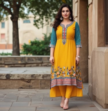 Confident plus-size model wearing a chic embroidered kurti with gold accents, smiling warmly.