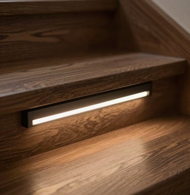A close-up, high-detail macro shot of a sleek, low-profile LED strip light hidden under the lip of a dark wood stair tread. Professional lighting highlights the high-end craftsmanship and the warm bronze glow (#B28D69).
