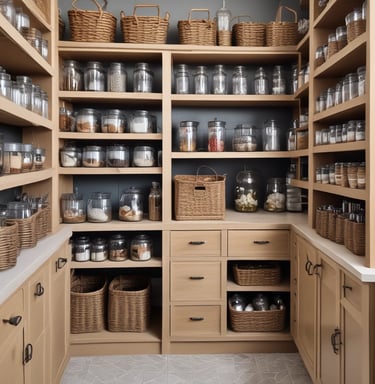 A bright kitchen countertop with cooking tools, fresh ingredients, and storage jars.