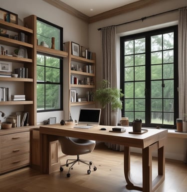 A cozy home office setup with natural light, plants, and organized workspace accessories.
