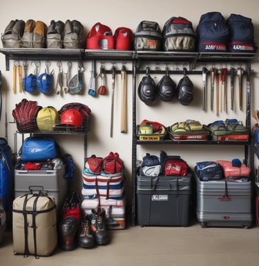 An outdoor scene with sports gear and casual wear arranged on a picnic blanket.
