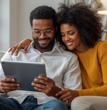 A smiling young Black couple sits on a sofa together using a tablet and enjoying each other company