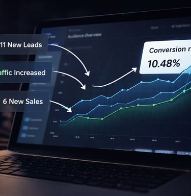 Landing page analytics showing traffic growth, leads, and sales conversion increase