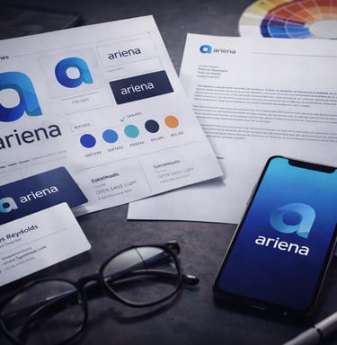 Branding materials with logo, color palette, and visual identity on print and mobile