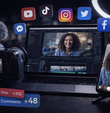 Video editing and social media content creation with laptop, camera, and mobile apps