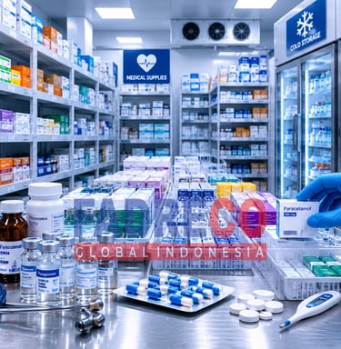 Well-stocked medical supplies warehouse with paracetamol, vaccines, and cold storage refrigeration.