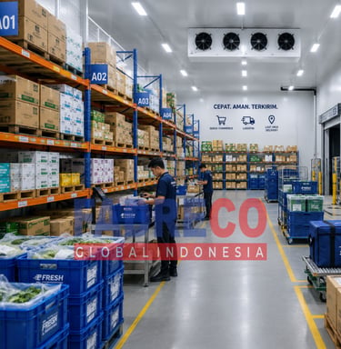 Staff sorting fresh produce in a temperature-controlled cold storage warehouse for logistics and last mile delivery.