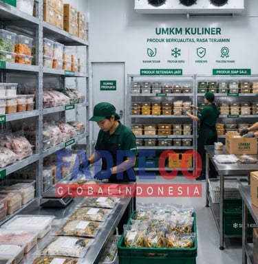 Workers in a clean, organized food processing and storage facility for UMKM Kuliner, featuring fresh ingredients, frozen