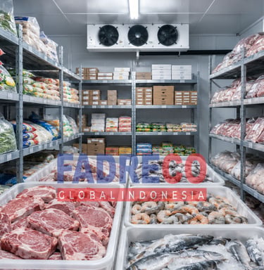 Cold storage warehouse with frozen meat, seafood, and vegetables on industrial shelves.