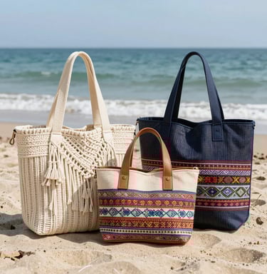 Delicate macramé bracelets and pendants displayed on a sandy shore with seashells