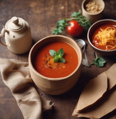 A bowl of creamy, vibrant vegetable soup garnished with fresh herbs, steaming gently in a cozy kitchen setting.
