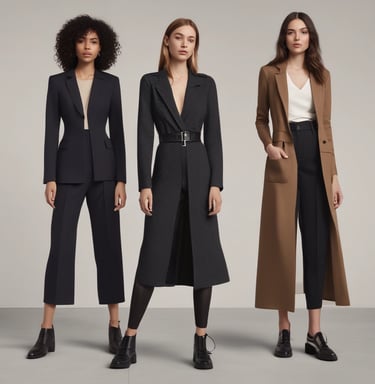 A stylish collection of modern clothing displayed on a minimalist background.