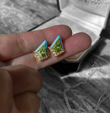 Peridot White Sapphire Enamel Geometric Earrings in 14k Yellow Gold