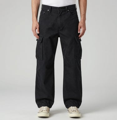 Cargo jeans hanging on a rack, showcasing multiple pockets and rugged fabric perfect for city life.