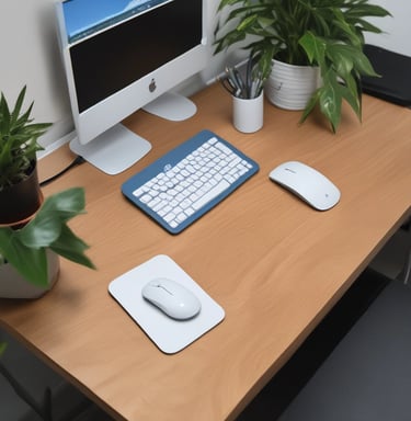 A vibrant office poster with motivational quotes hanging above a tidy workspace.