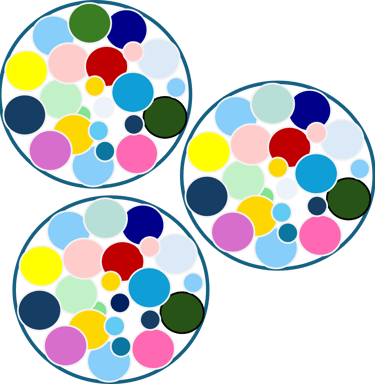 3 Kreise mit farbigen Punkten, doch jeder unterscheidet sich in einem farbigen Punkt.