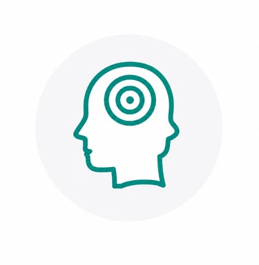 Teal icon of a human head silhouette with a target symbol inside representing focus and mental clarity.