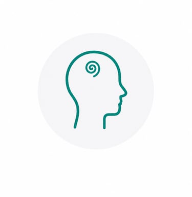 Minimalist teal icon of a human head silhouette with a spiral brain symbol representing mental health.