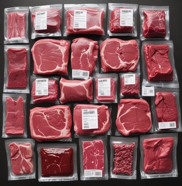 A rustic wooden crate filled with fresh cuts of beef resting on a weathered farm table by Otter Lake.