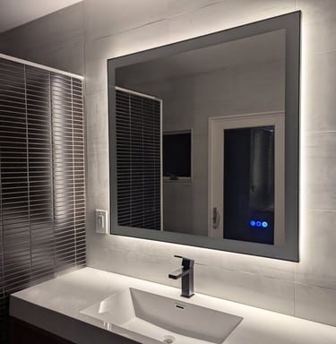 Modern bathroom vanity featuring a rectangular LED backlit mirror over a white sink with black faucet.