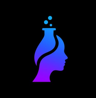 Creative logo merging a human profile with a chemistry flask to symbolize scientific innovation and brain research.