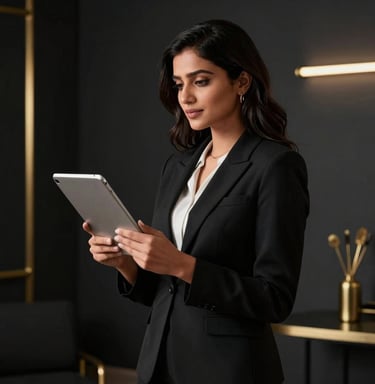 A sleek black and gold minimalist desk setup with a vintage microphone and fashion sketches.