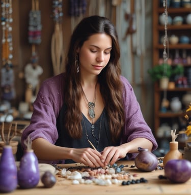 Mujer elaborando joyeria hecha a mano con piedras minerales y macramé
