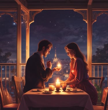 A romantic setting with candles and a gift box.