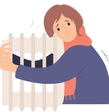 Icône d'une femme qui a froid est collée à une radiateur