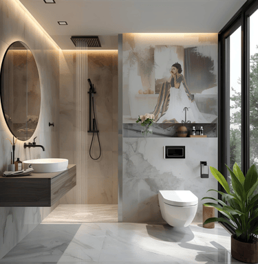Serene bathroom space with mindful design elements and natural lighting