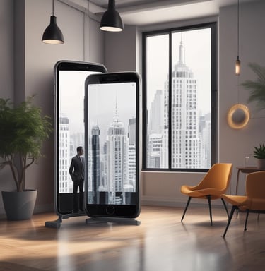 A friendly AI agent on a tablet screen helping a traveler book a hotel room and a taxi, with icons representing hospitality and transport.