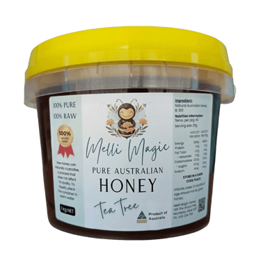 Melli Magic 1kg tub of 100% pure raw Australian Tea Tree honey with a yellow lid.