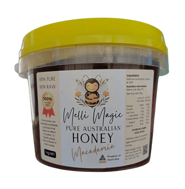 Melli Magic 1kg tub of pure raw Australian Macadamia honey with a yellow lid.