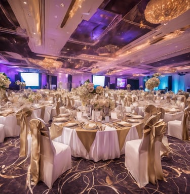 a large room with tables and chairs and a large screen