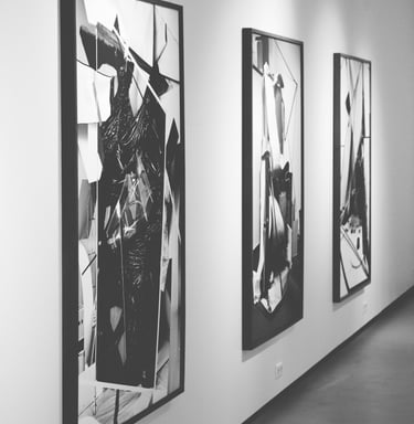 Black and white abstract artwork on display at EVO Space Gallery