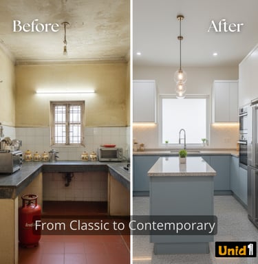 Before and after modern kitchen remodel featuring blue cabinets and white countertops.