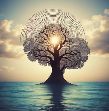 A serene landscape with soft rolling hills and a calm lake reflecting the sky.