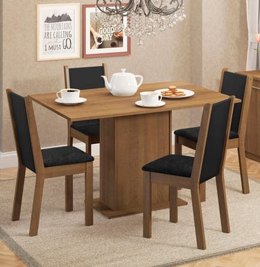 Conjunto Sala de Jantar Mesa Tampo de Madeira 4 Cadeiras