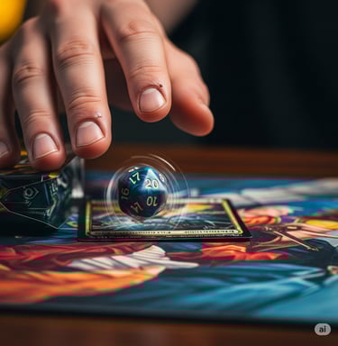 Hand rolling a die (D20) onto a Magic: The Gathering card and playmat, representing a games button
