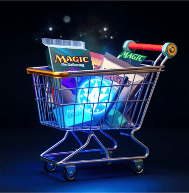 Shopping cart filled with Magic: The Gathering booster packs, icon for online MTG shop