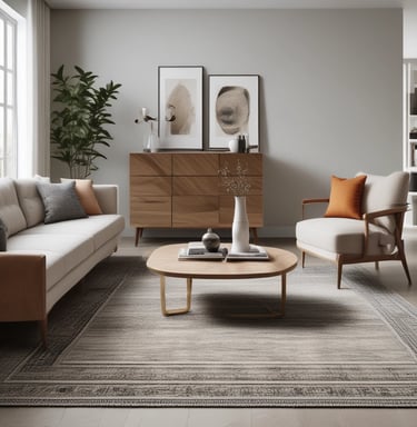 A display area featuring a collection of intricately patterned rugs in various colors and designs. A dark green leather sofa is placed at the center with several hanging light bulbs above it, providing a cozy atmosphere. There are leafy green plants adding a natural touch, and an assortment of small decor items are arranged on the rug-covered platforms.
