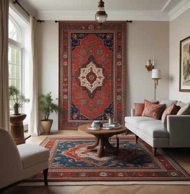 A collection of colorful, intricately patterned rugs with geometric designs hangs vertically. The rugs display a variety of colors including red, brown, black, and blue, and appear to be handmade with traditional motifs. Positioned towards the left, a few plush toys are visible, adding a playful element to the scene.