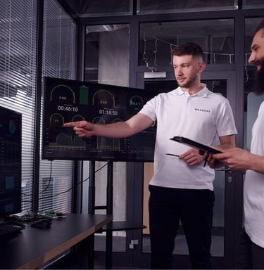 Willbert and DC Charging two men standing in front of a tv screen