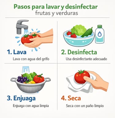 "Pasos para lavar y desinfectar frutas y verduras"