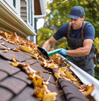 a man in a blue hat and a blue hat is cleaning a gutter