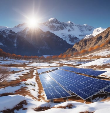 A solar panel is positioned on a large rock near a body of water, suggesting energy harnessing in a natural setting.
