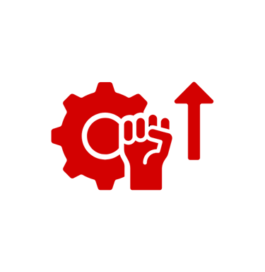 a red and black logo on a black background