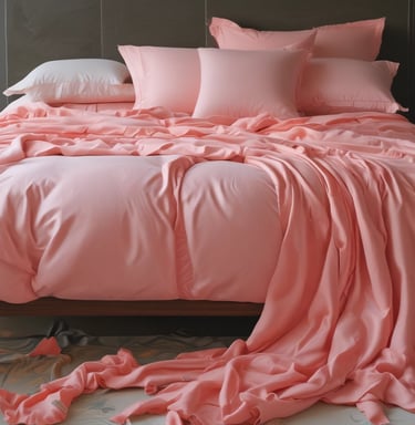 A variety of bed linens and blankets neatly arranged.
