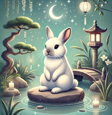 a white rabbit sitting on a rock in a pond
