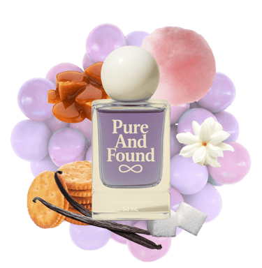 PureAndFound Women’s fragrance bottle surrounded by vanilla, jasmine, peach, and soft floral notes.